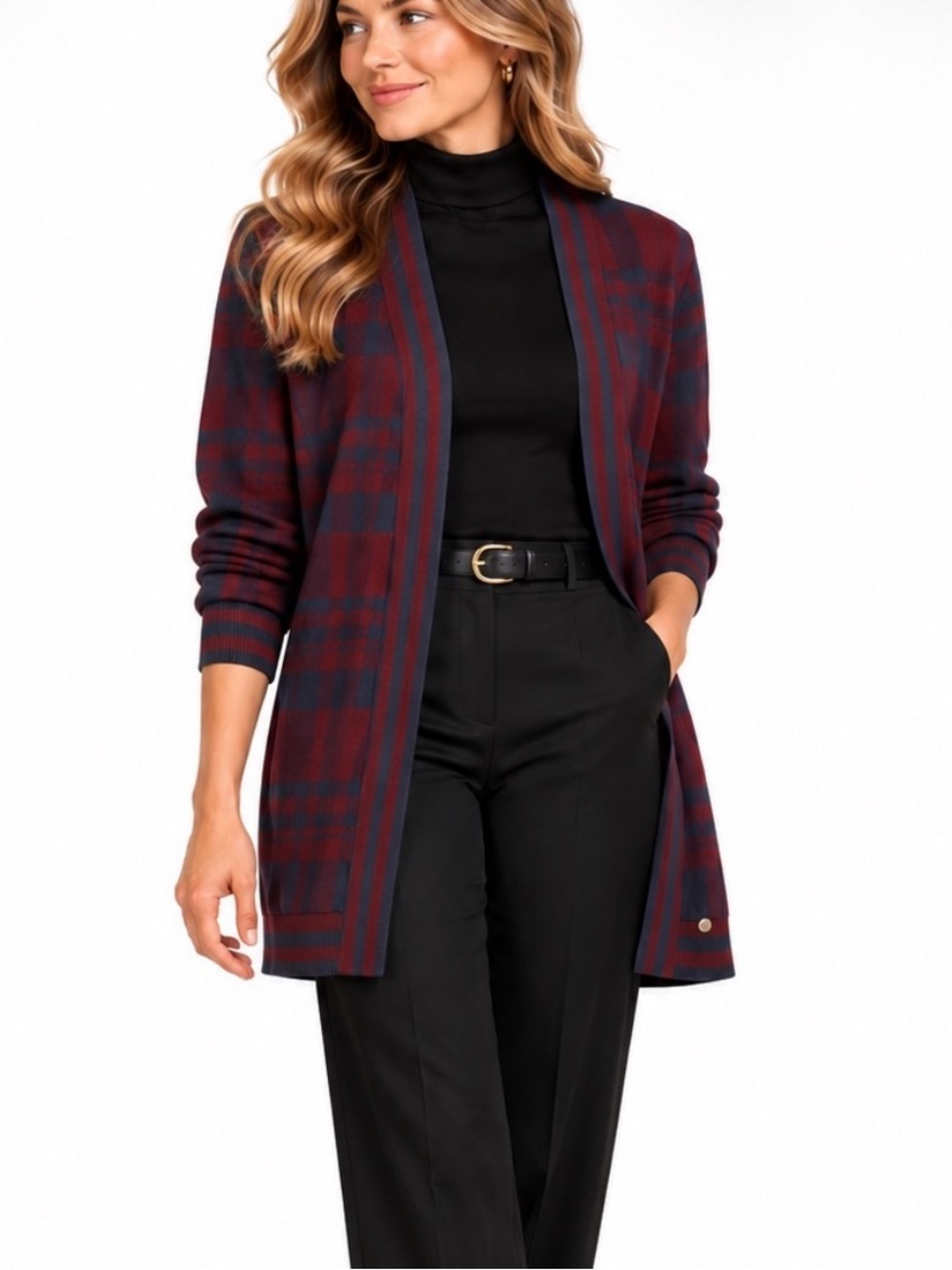 Ted Baker London Plaid Longline Cardigan Burgundy Navy Size Large